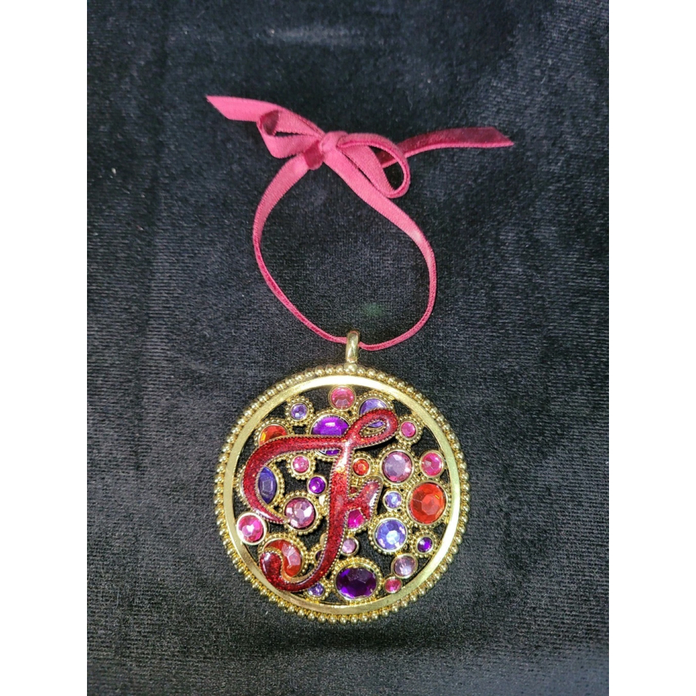 Jeweled Letter F Hanging Ornament Gold Tone Rhinestone Initial Decor Monogram